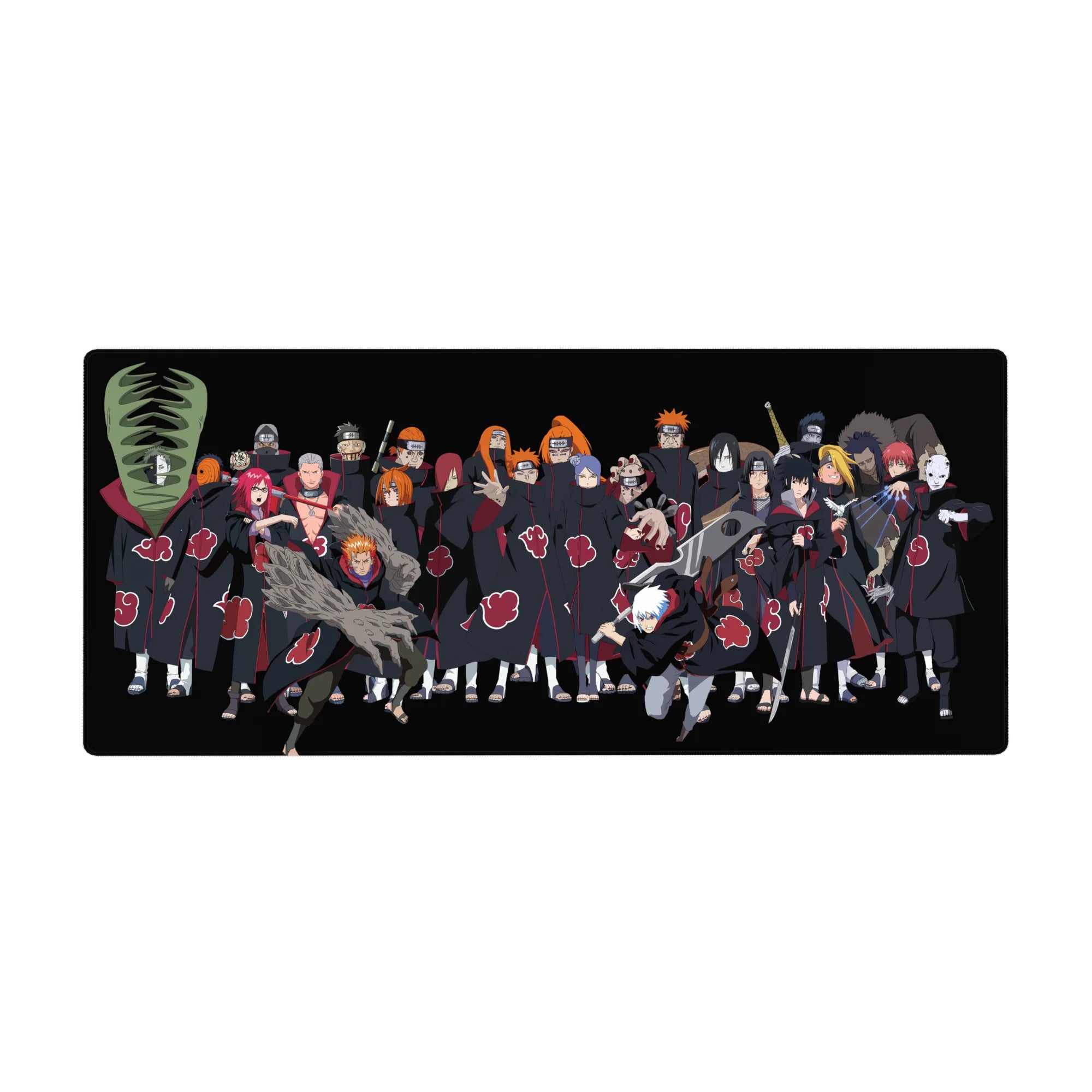 Naruto Shippuden Akatsuki lineup desk pad 36x16 inches with Pain, Itachi, and red cloud cloaks.