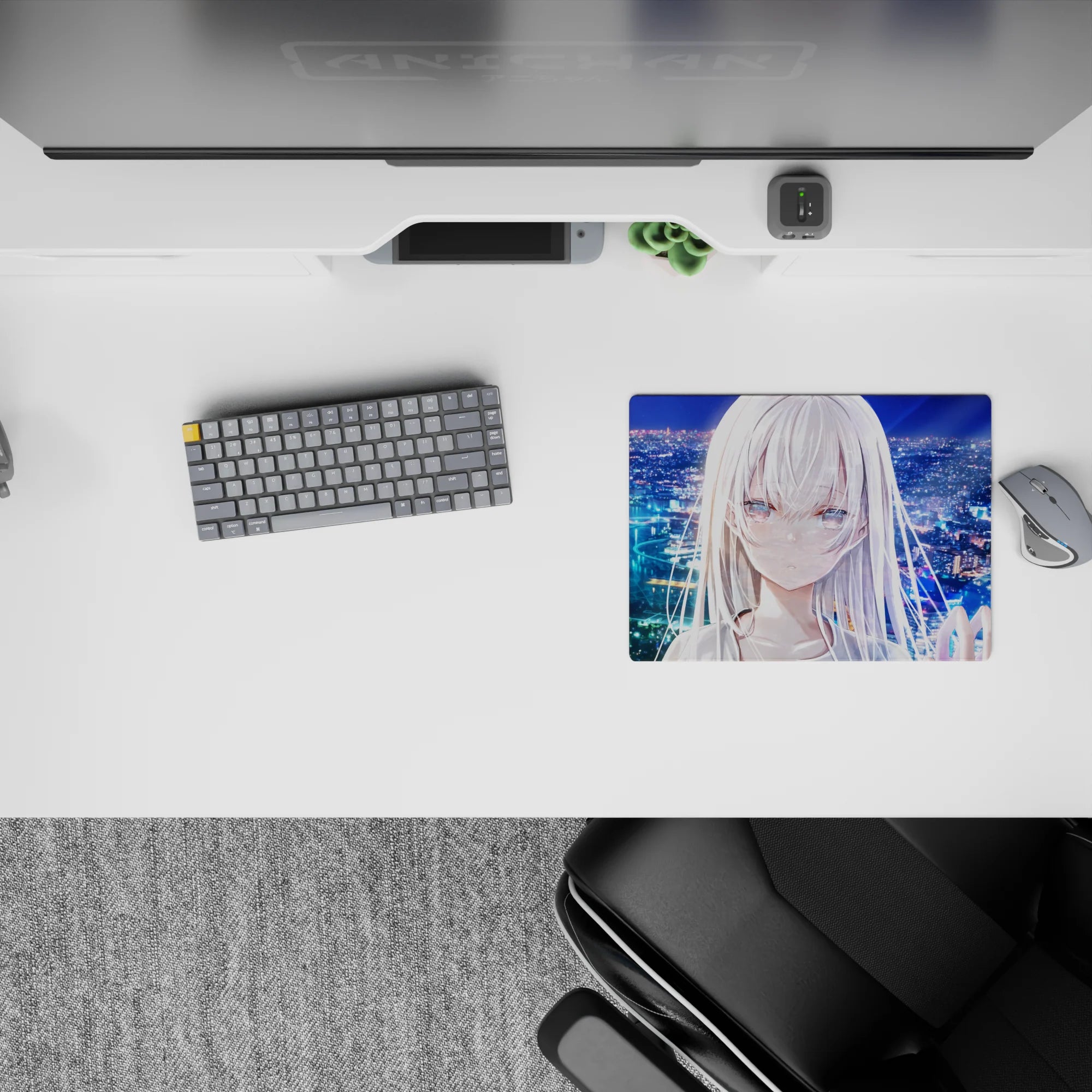 Blue, teal, and lavender glow anime girl mouse pad 14x10 inches with a calm late-night vibe.
