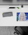 Blue, teal, and lavender glow anime girl mouse pad 14x10 inches with a calm late-night vibe.