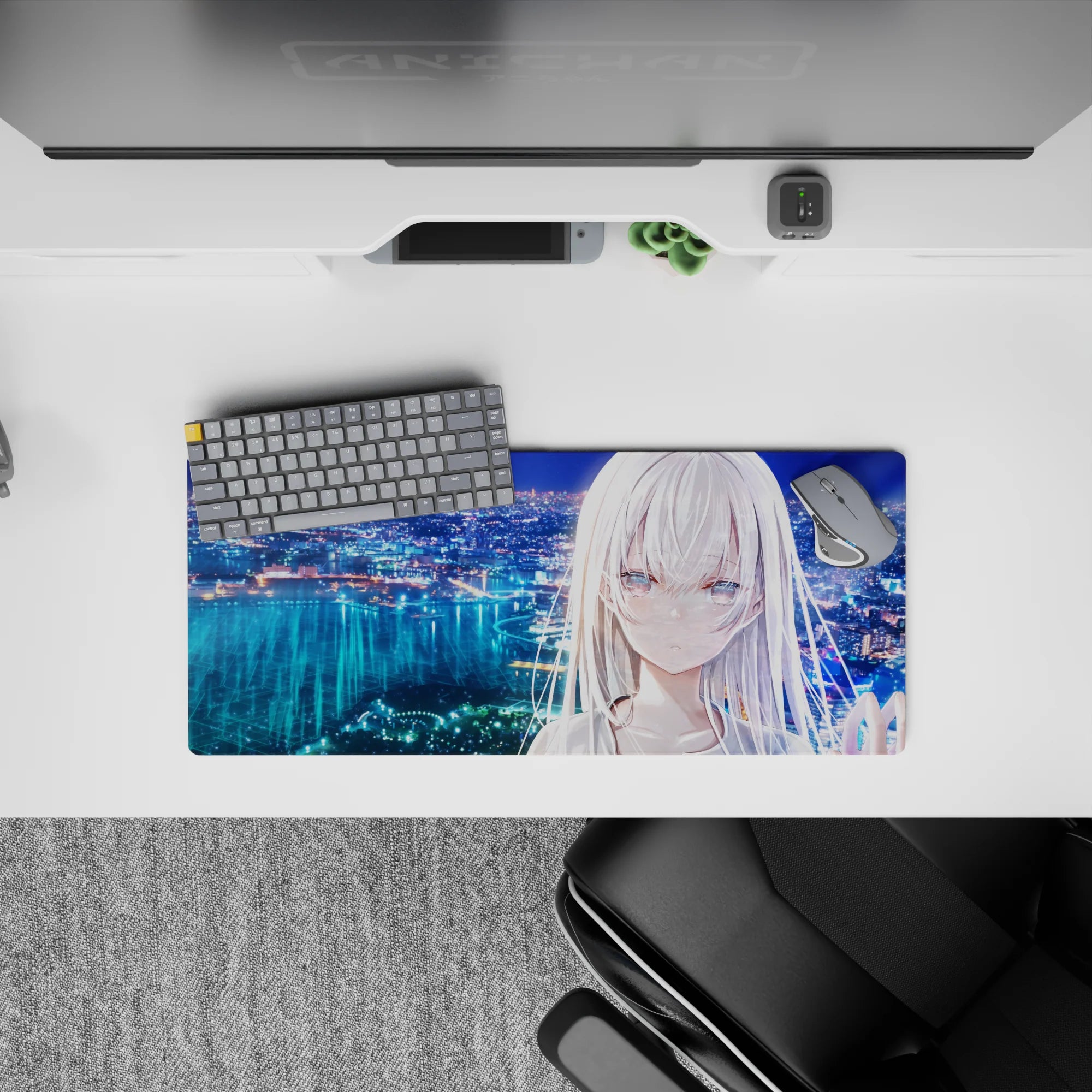 28x12 inches anime girl mouse pad in blue, teal, and lavender glow for a calm, dreamy late-night vibe.