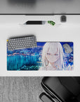 28x12 inches anime girl mouse pad in blue, teal, and lavender glow for a calm, dreamy late-night vibe.
