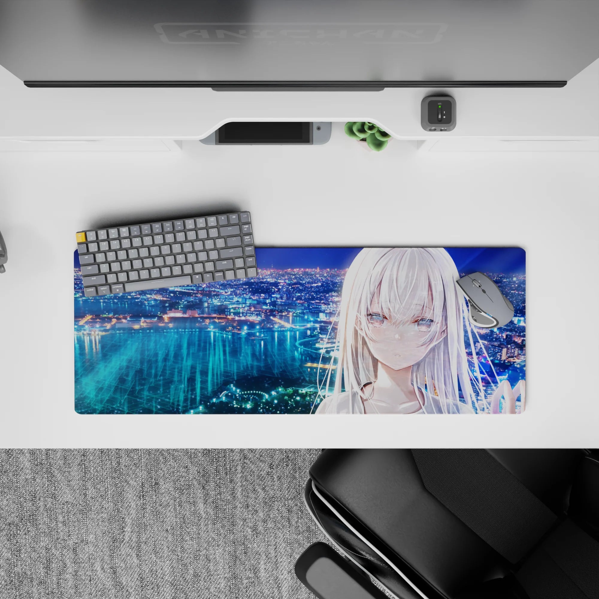 32x12 inches anime girl mouse pad in blues, teals, and soft lavender glow with calm, dreamy late-night mood.