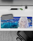 32x12 inches anime girl mouse pad in blues, teals, and soft lavender glow with calm, dreamy late-night mood.