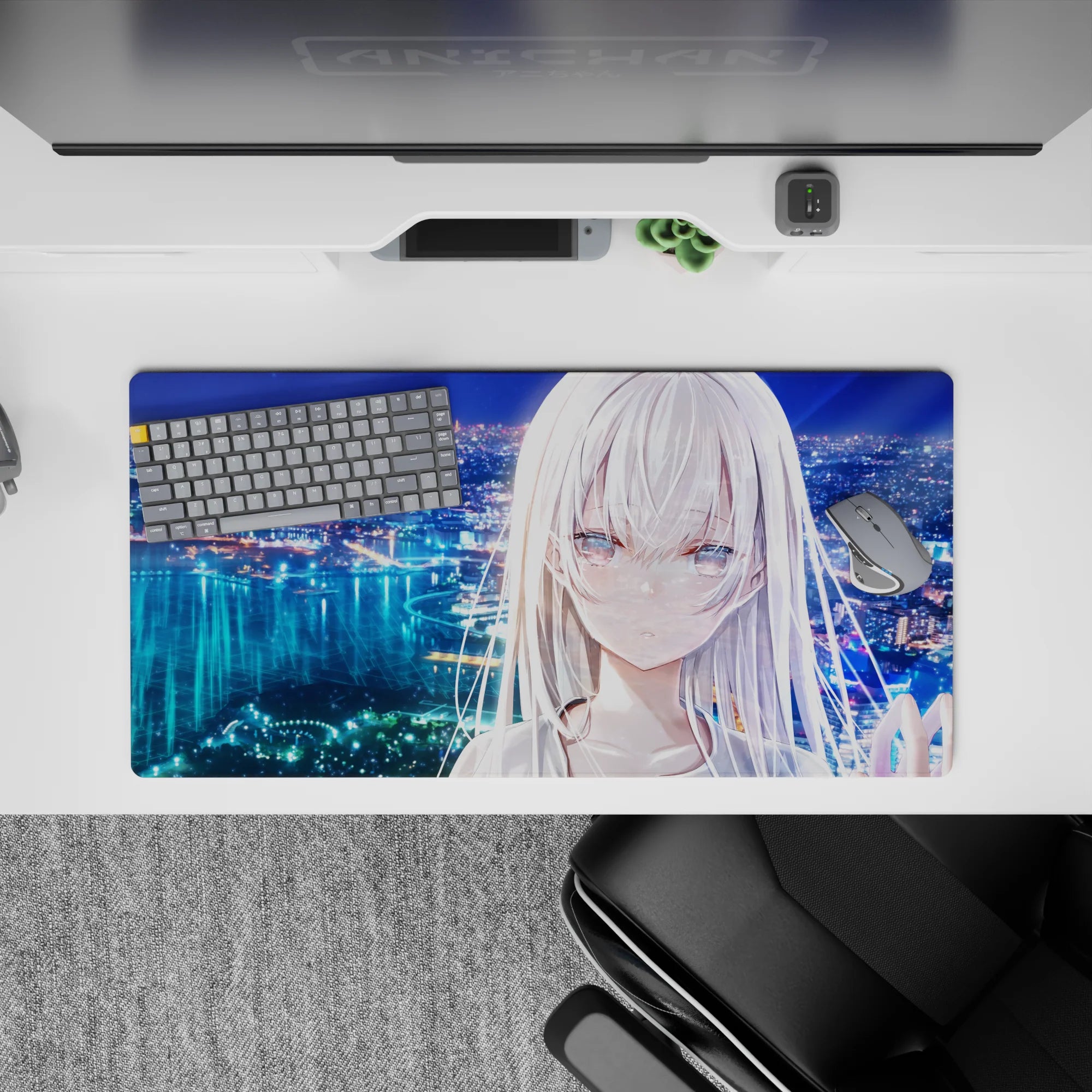 32x16 inches anime girl mouse pad in blue, teal, and lavender glow with calm, dreamy cybernight mood.