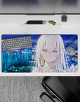 32x16 inches anime girl mouse pad in blue, teal, and lavender glow with calm, dreamy cybernight mood.