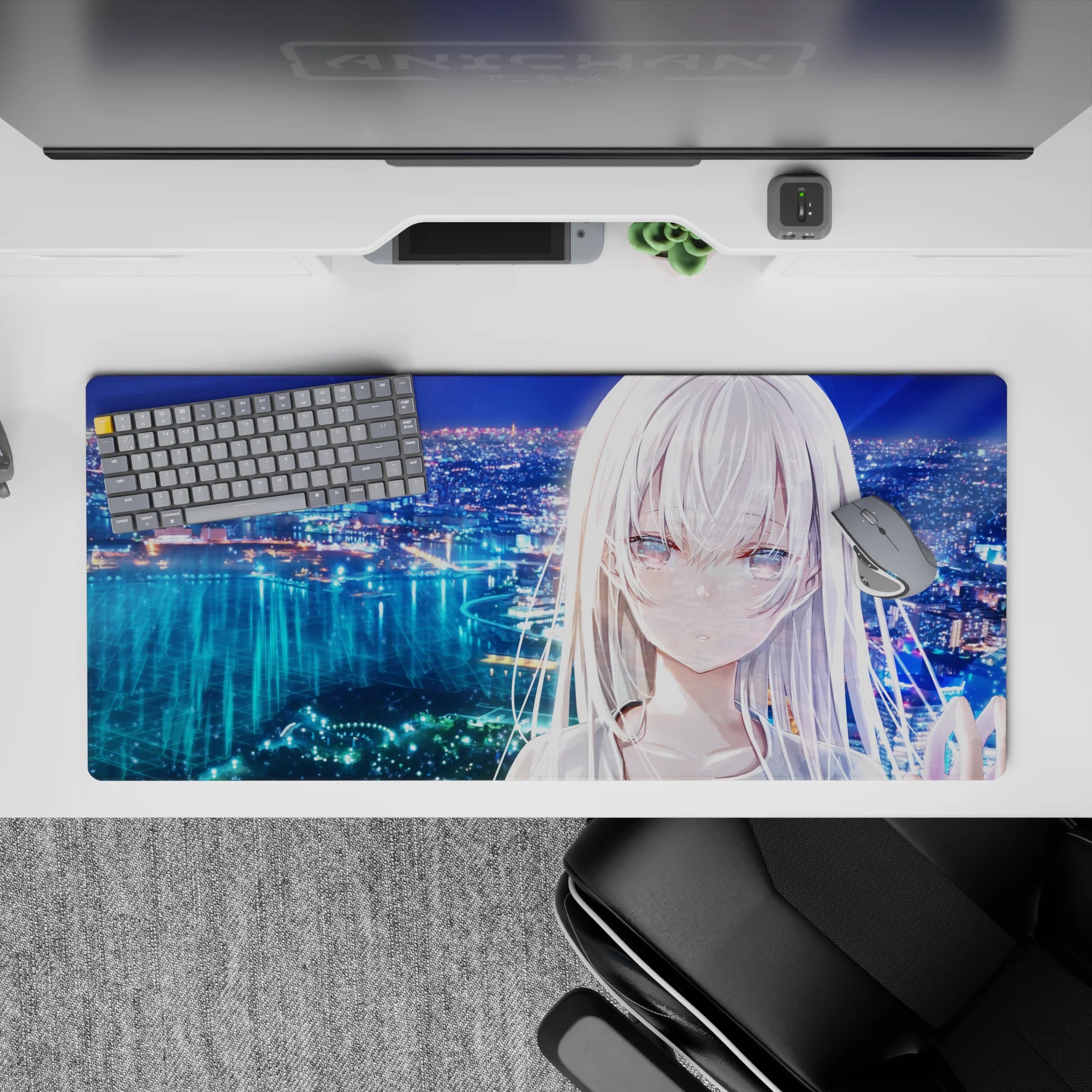 Blue, teal, and lavender anime desk pad 36x16 inches with calm late-night neon glow.