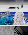 Blue, teal, and lavender anime desk pad 36x16 inches with calm late-night neon glow.