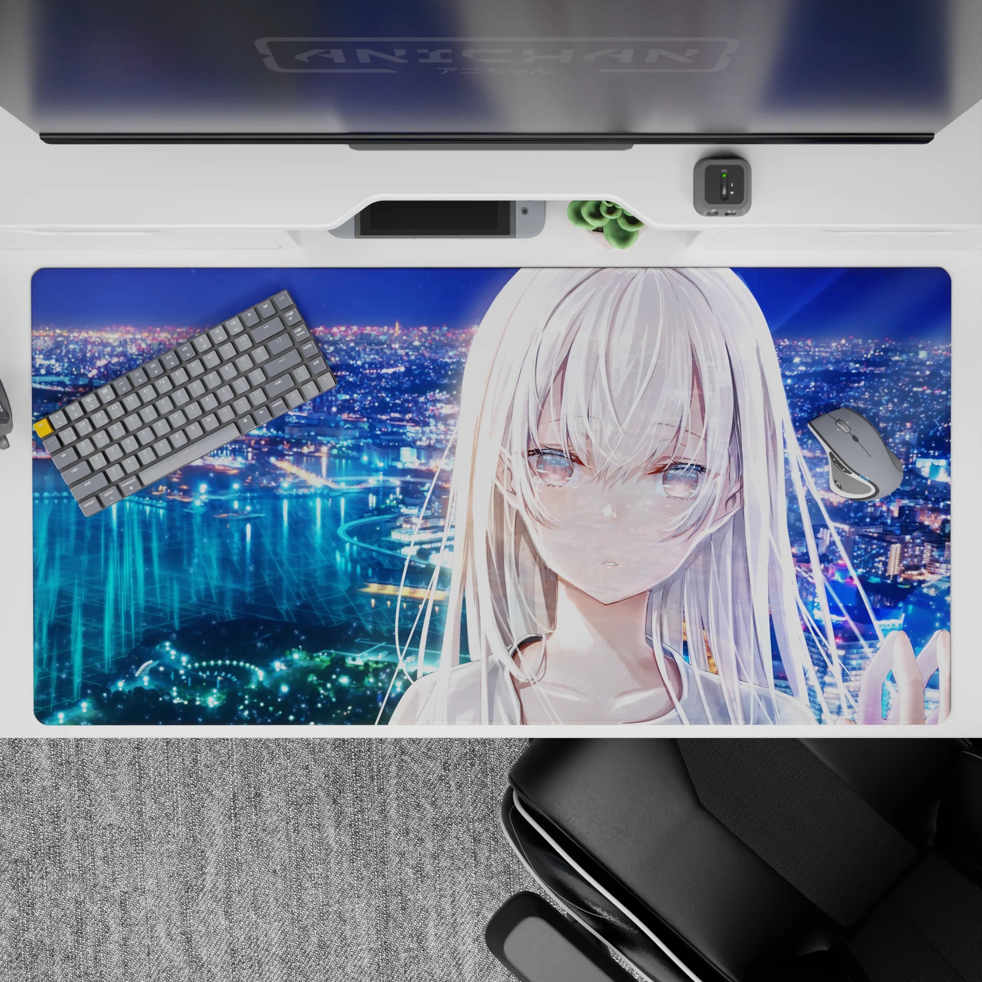 40x20 inches anime girl desk pad in blue, teal, and soft lavender glow with calm, intense night vibe.
