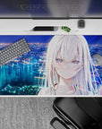40x20 inches anime girl desk pad in blue, teal, and soft lavender glow with calm, intense night vibe.