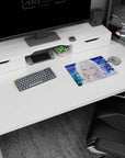 Silver-haired anime girl staring over a glittering neon skyline and harbor, mouse pad 14x10 inches.