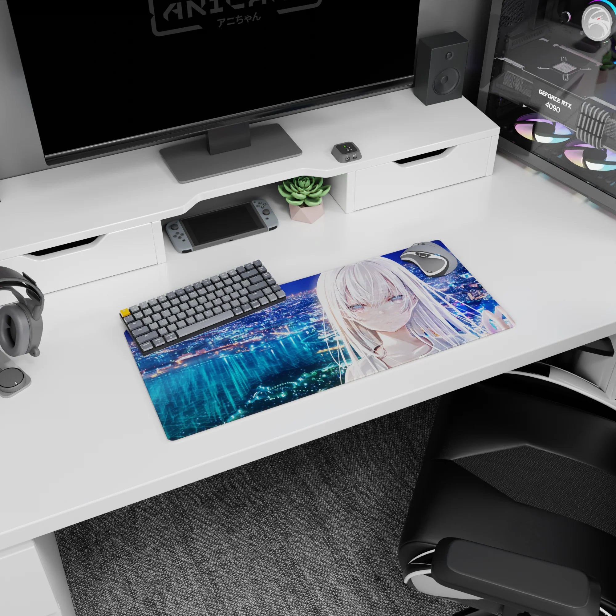 28x12 inches anime girl mouse pad showing a silver-haired girl staring across a glittering bay and neon city.
