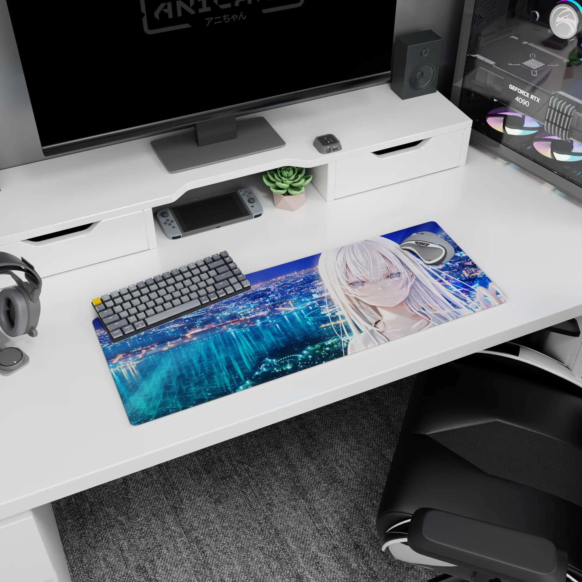 32x12 inches anime girl mouse pad showing silver-haired girl staring over a glittering bay and neon high-rises.