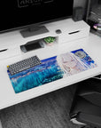 32x12 inches anime girl mouse pad showing silver-haired girl staring over a glittering bay and neon high-rises.