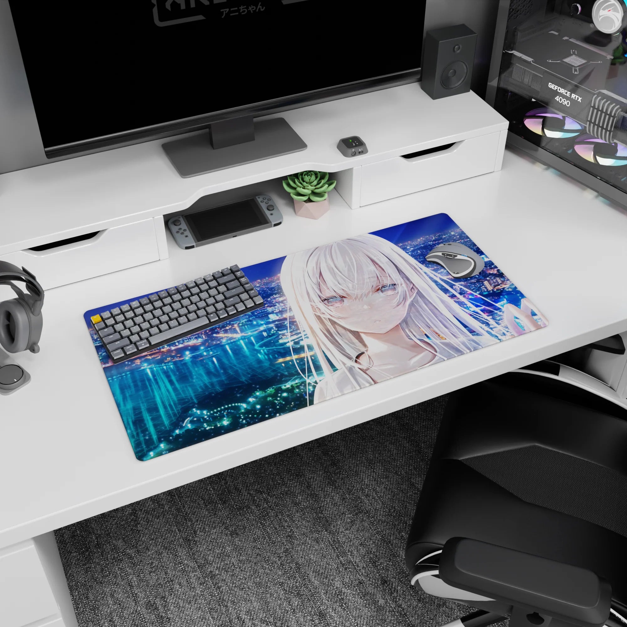 32x16 inches anime girl mouse pad showing a silver-haired girl staring over a glittering skyline and water.