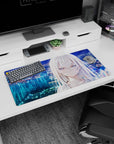 32x16 inches anime girl mouse pad showing a silver-haired girl staring over a glittering skyline and water.