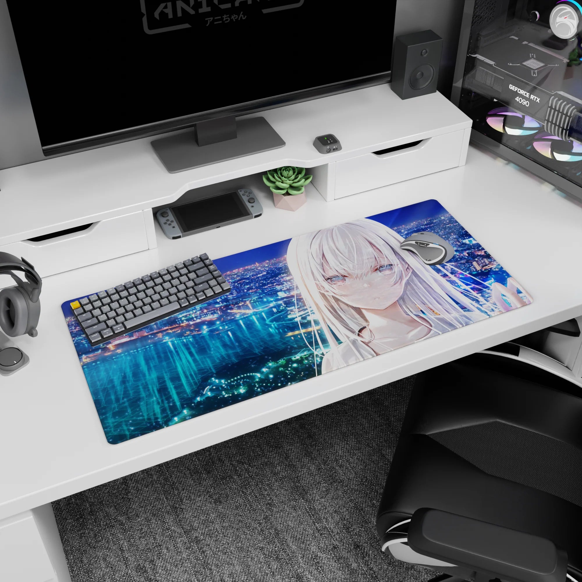 Silver-haired anime girl staring over sparkling skyline and water on a 36x16 inches desk pad.