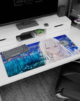 Silver-haired anime girl staring over sparkling skyline and water on a 36x16 inches desk pad.