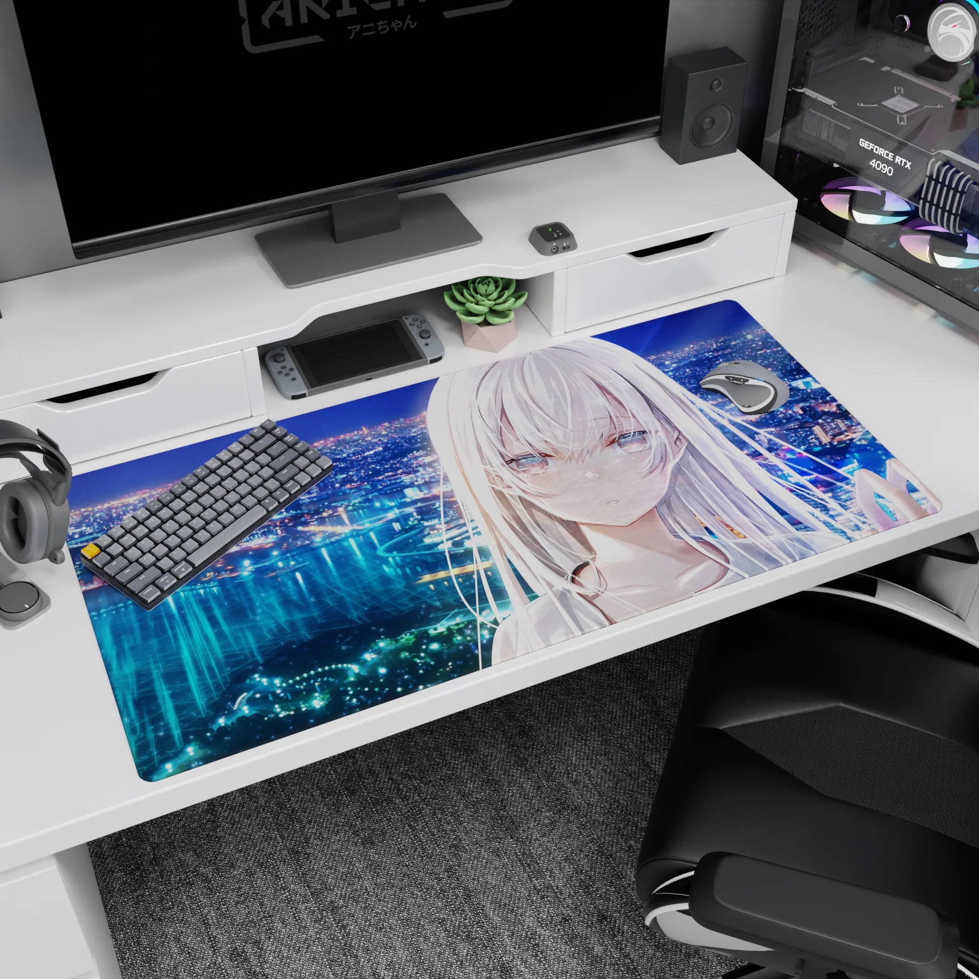 40x20 inches anime desk pad showing silver-haired girl gazing over a glittering neon waterfront city.