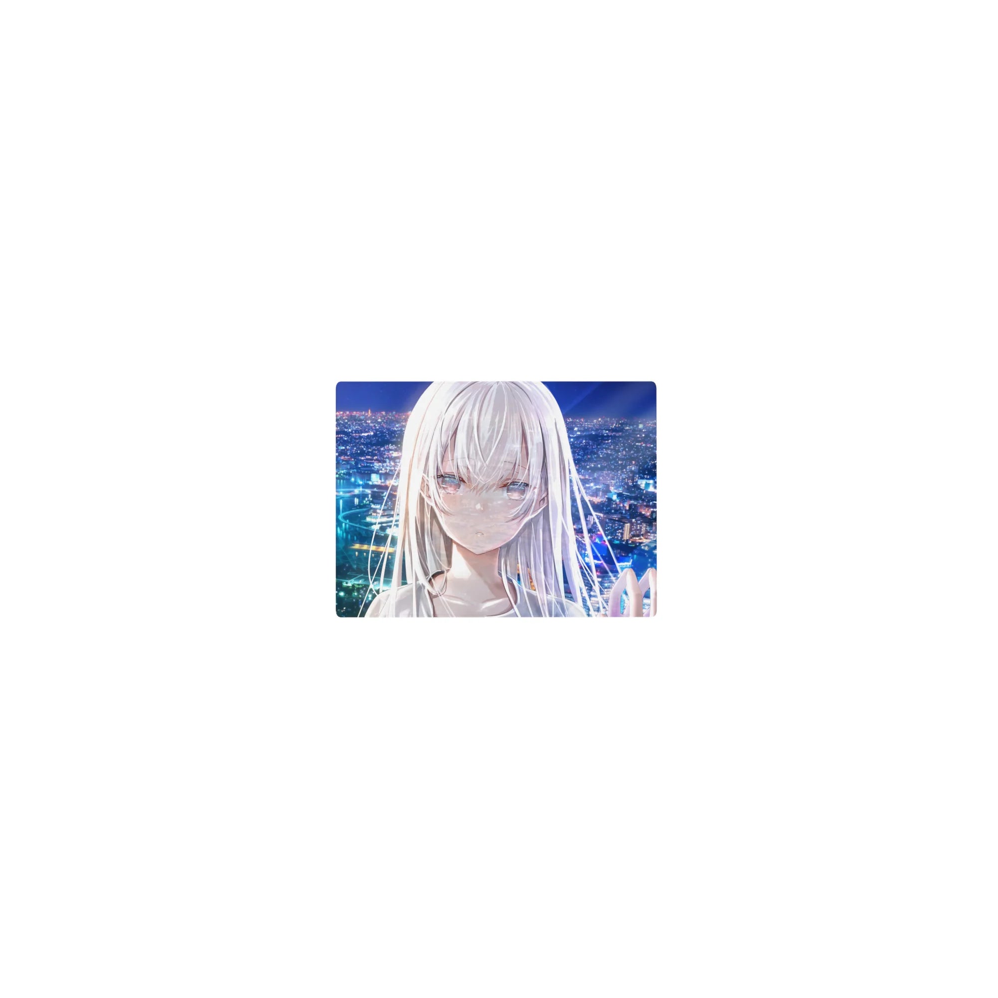Classic anime girl mouse pad 14x10 inches with silver-haired girl overlooking a neon city and bay.