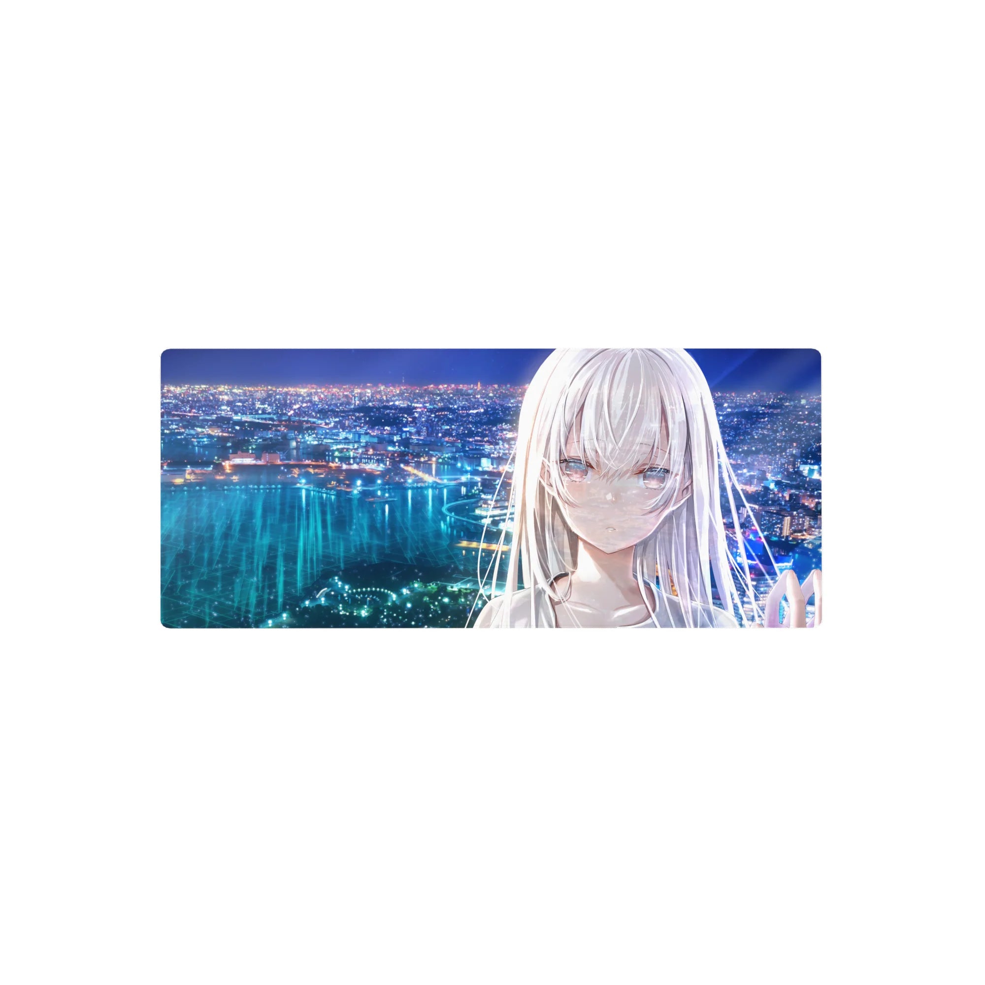 28x12 inches anime girl mouse pad with silver-haired girl overlooking neon city skyline and bay at night.