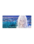 28x12 inches anime girl mouse pad with silver-haired girl overlooking neon city skyline and bay at night.