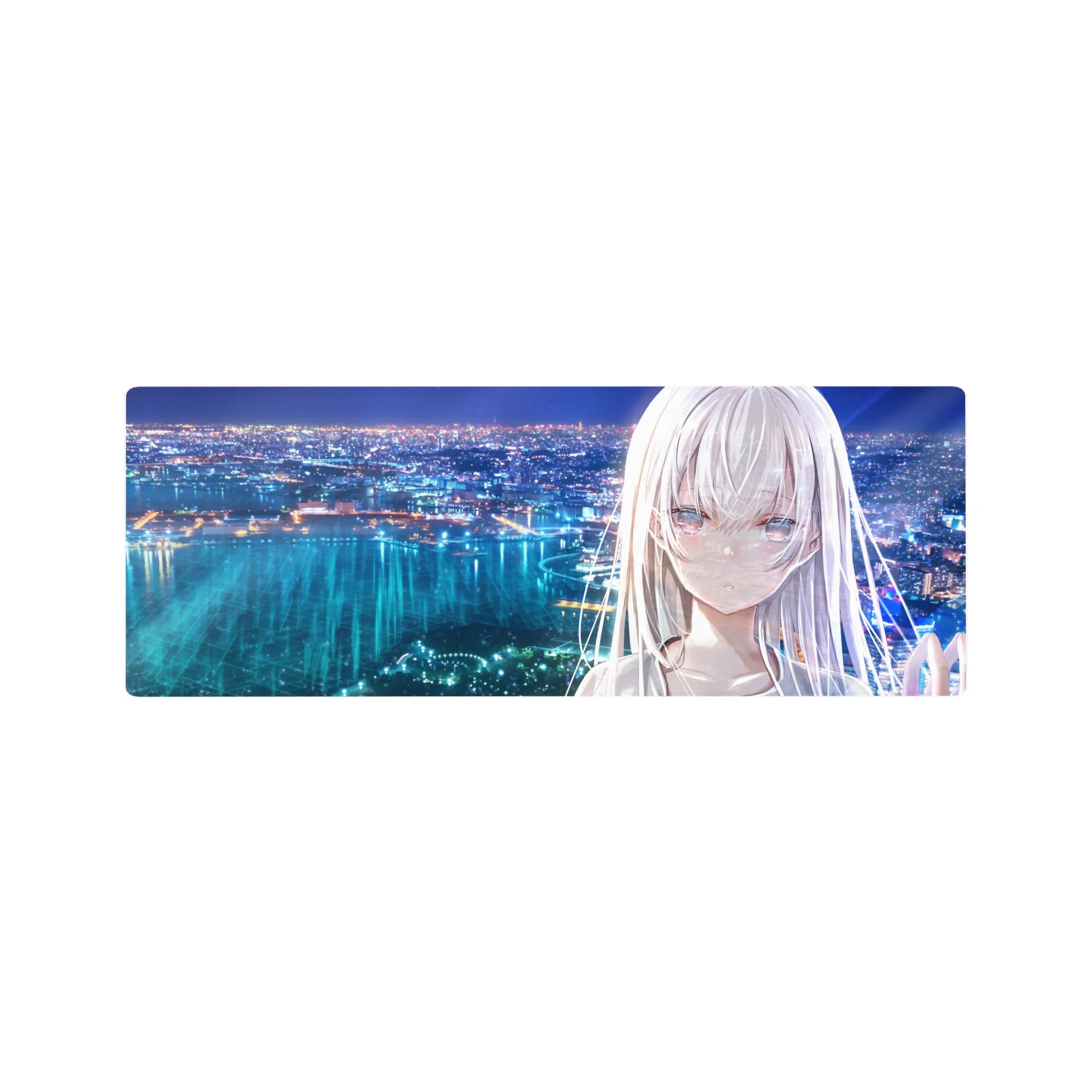 32x12 inches anime girl mouse pad with silver-haired girl overlooking neon city skyline and bay at night.