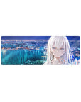 32x12 inches anime girl mouse pad with silver-haired girl overlooking neon city skyline and bay at night.