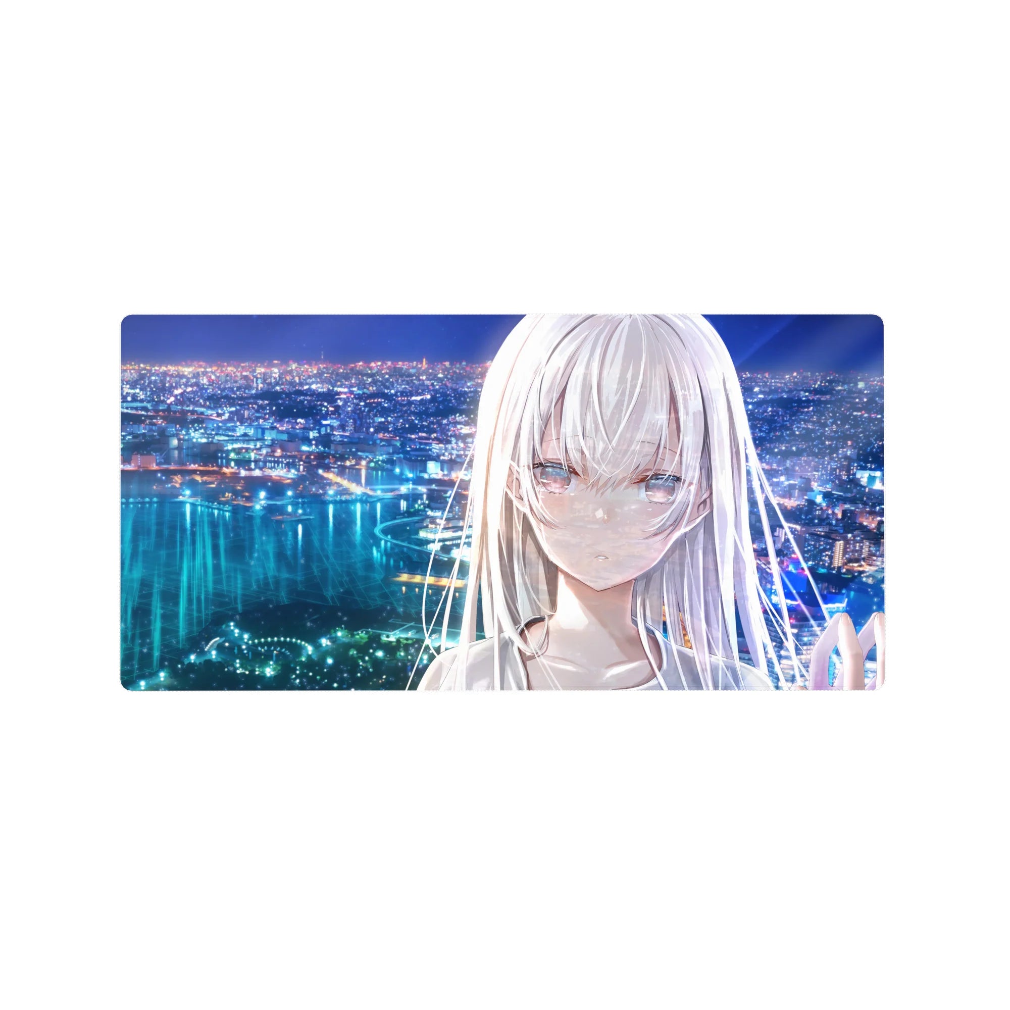 32x16 inches anime girl mouse pad with silver-haired girl overlooking a neon city and bay at night.