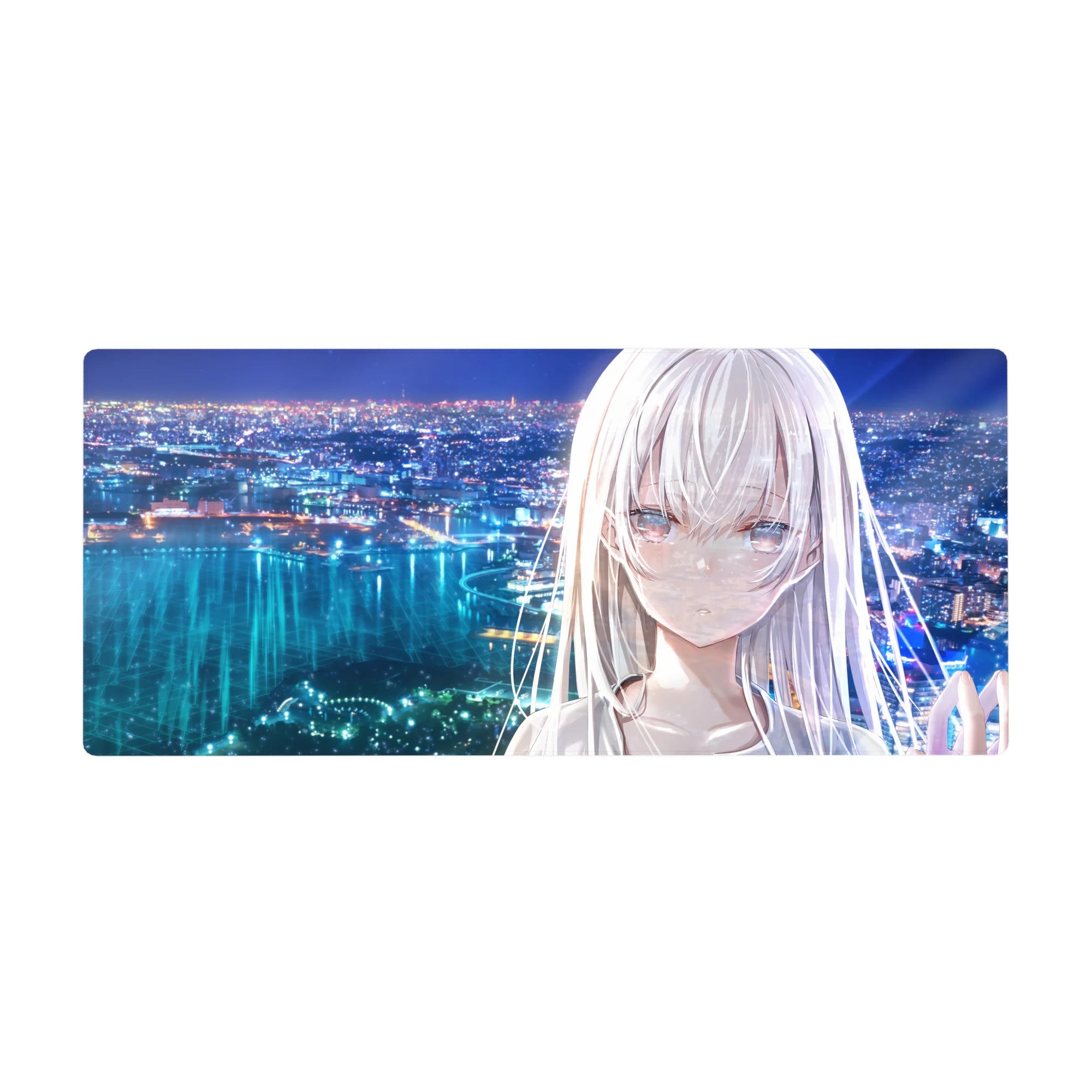 Anime girl desk pad 36x16 inches with silver-haired heroine overlooking a neon city and bay.