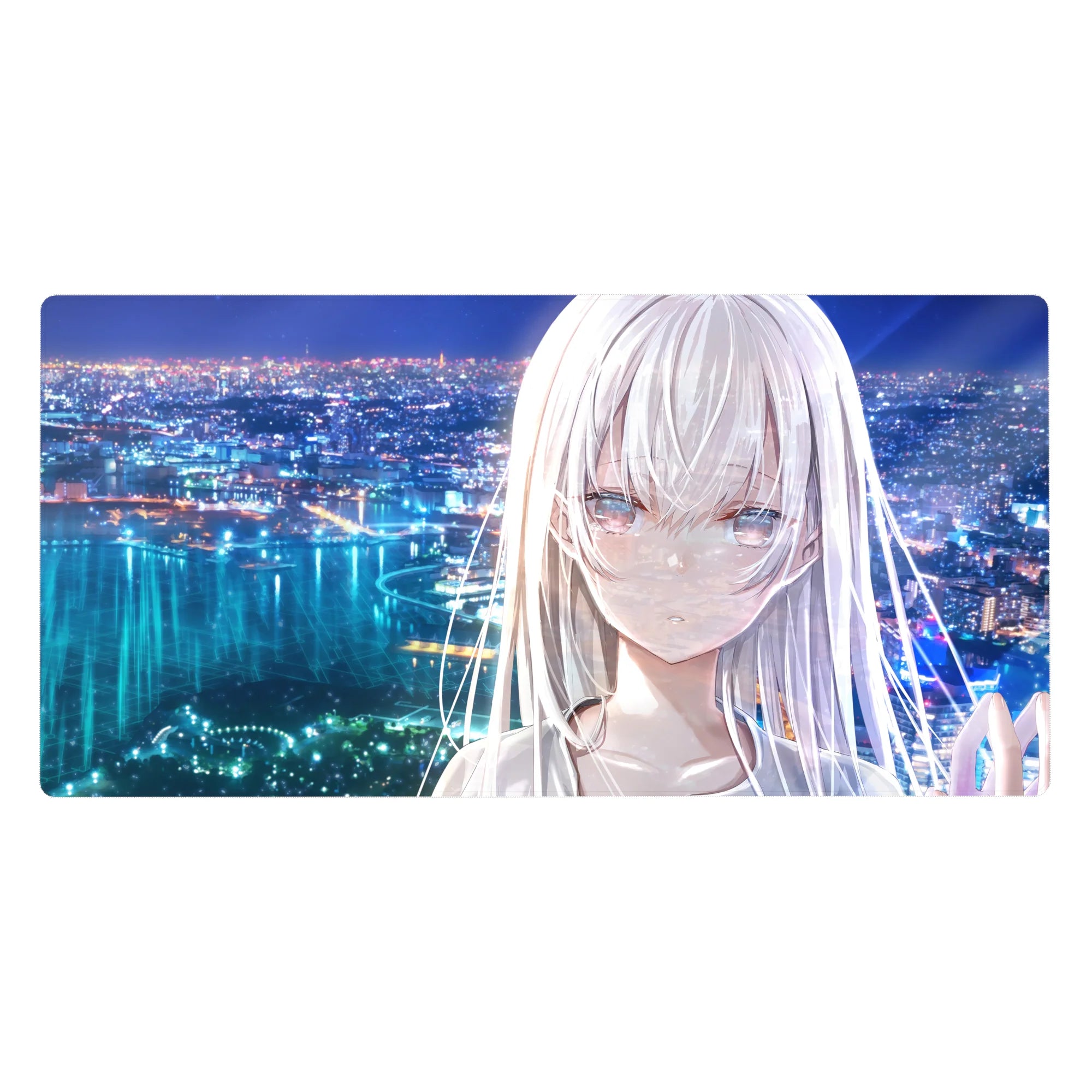 Anime girl desk pad 40x20 inches with silver-haired girl over neon city skyline and bay at night.