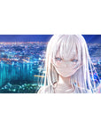 Anime girl desk pad 40x20 inches with silver-haired girl over neon city skyline and bay at night.