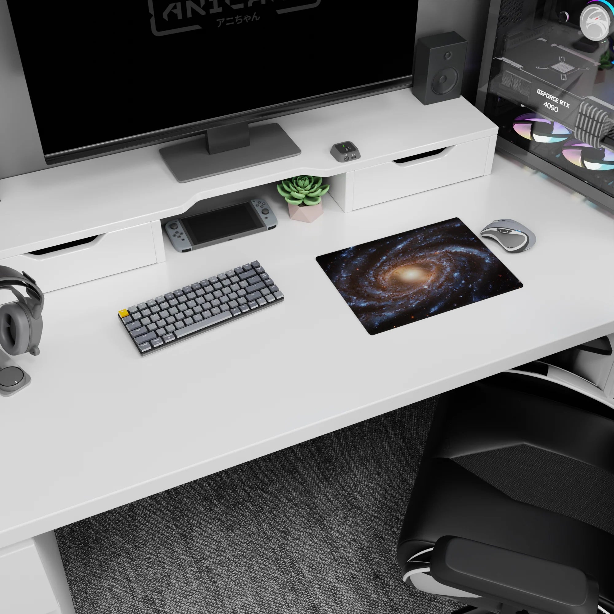 Classic 14x10 inch mouse pad featuring a spiral galaxy design with smoky blues, golden core, and stardust details.