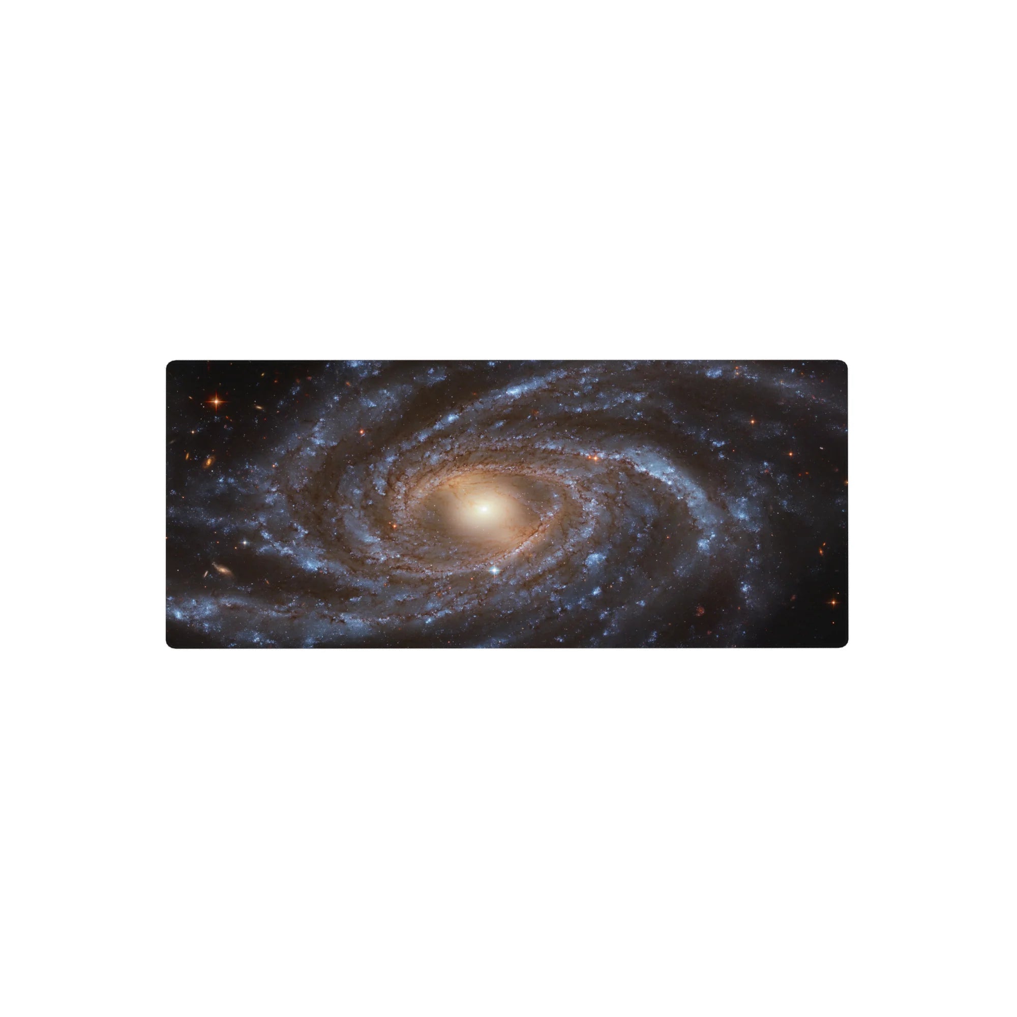 Spiral galaxy design mouse pad 28x12 inches with cosmic blues, gold core, and smooth surface for work or gaming.