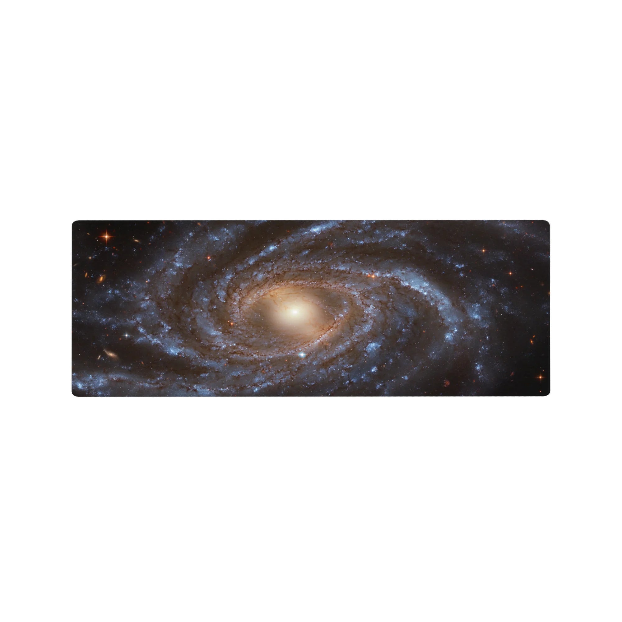 Large 32x12 inch mouse pad featuring a dreamy spiral galaxy design with swirling blues, gold tones, and stardust details.