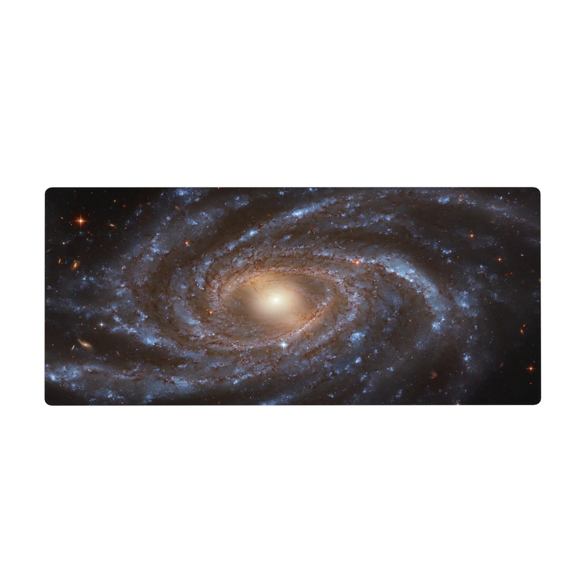 Desk pad with spiral galaxy design in blue and gold tones, 36x16 inches, adds a cosmic feel to any workspace.