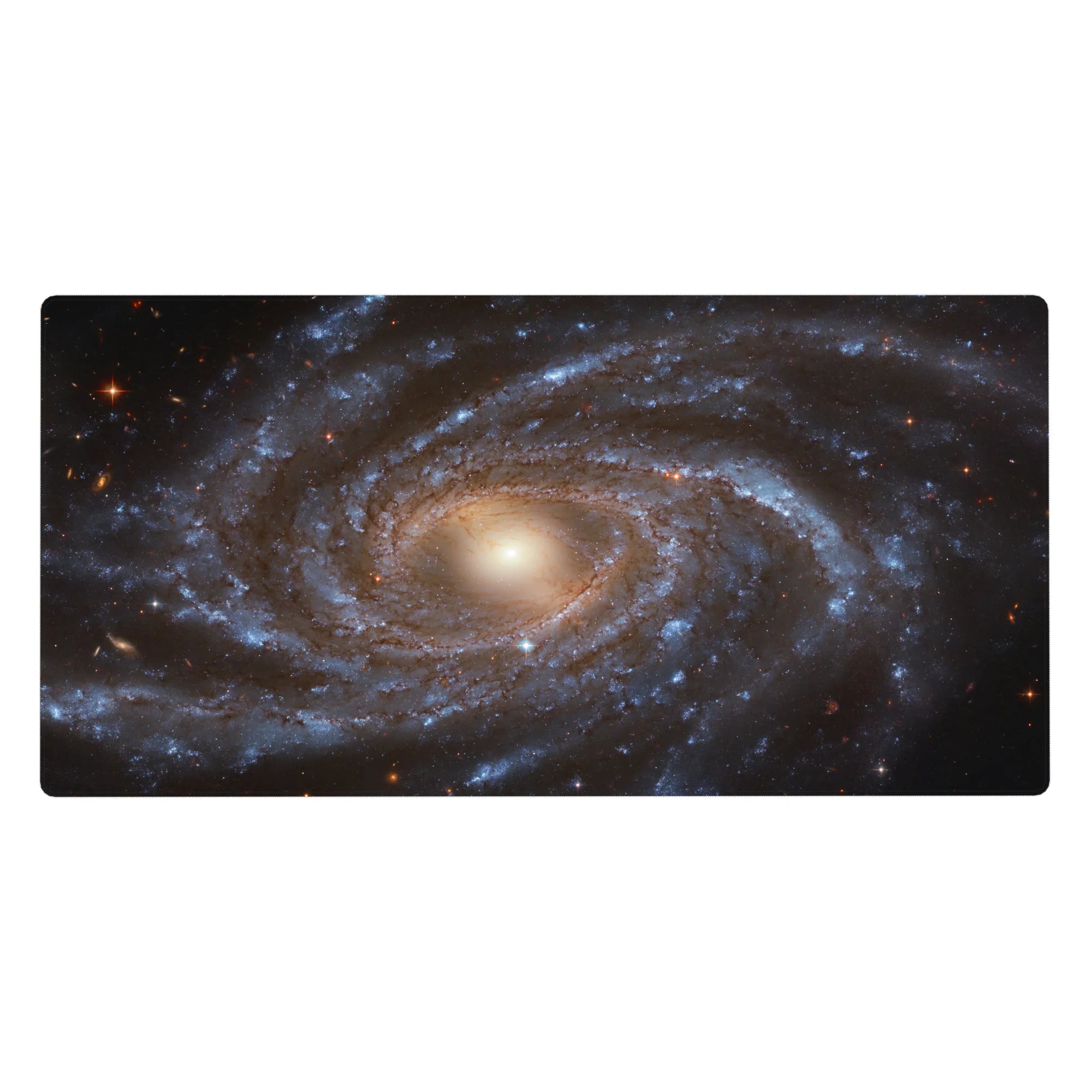 Desk pad 40x20 inches featuring a spiral galaxy design with smoky blues, golden core, and starry details.