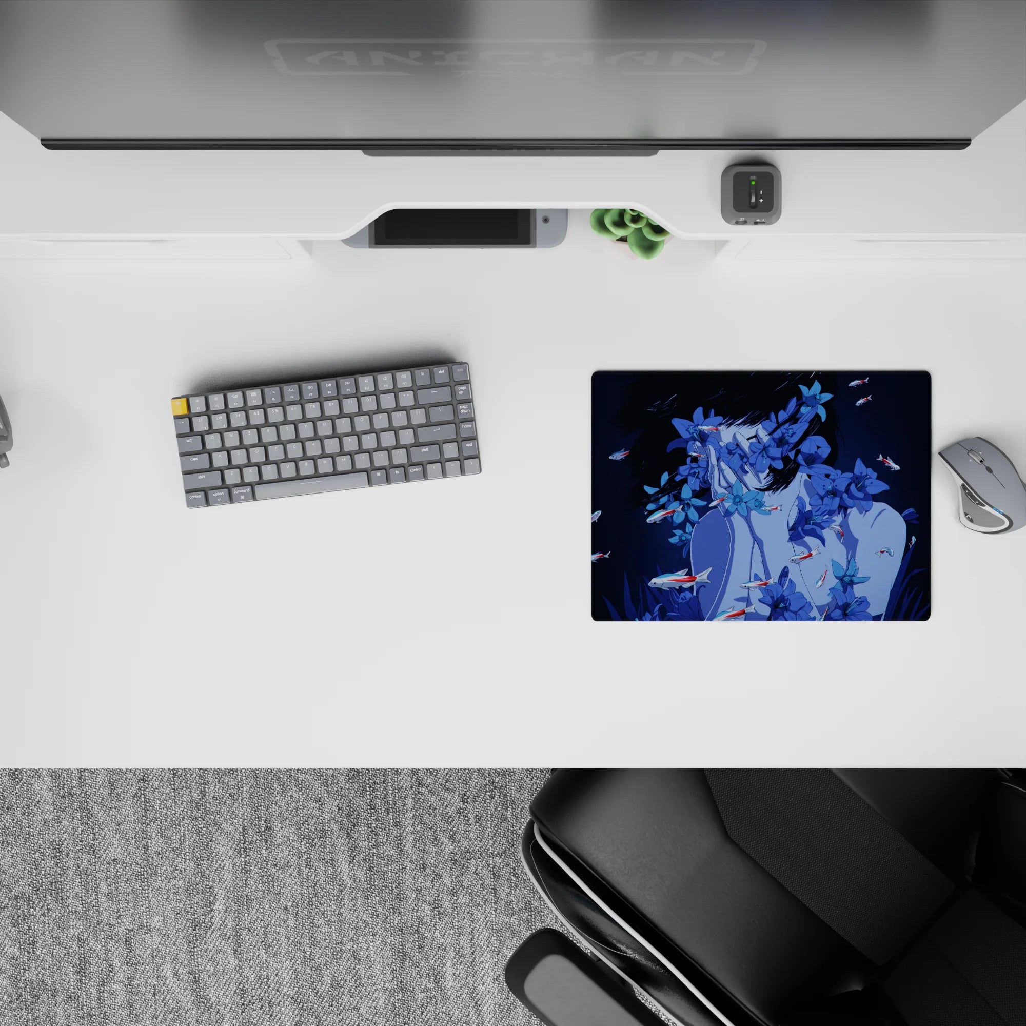 Midnight navy anime mouse pad 14x10 inches in cool blues, calm mysterious vibe for gaming or study.