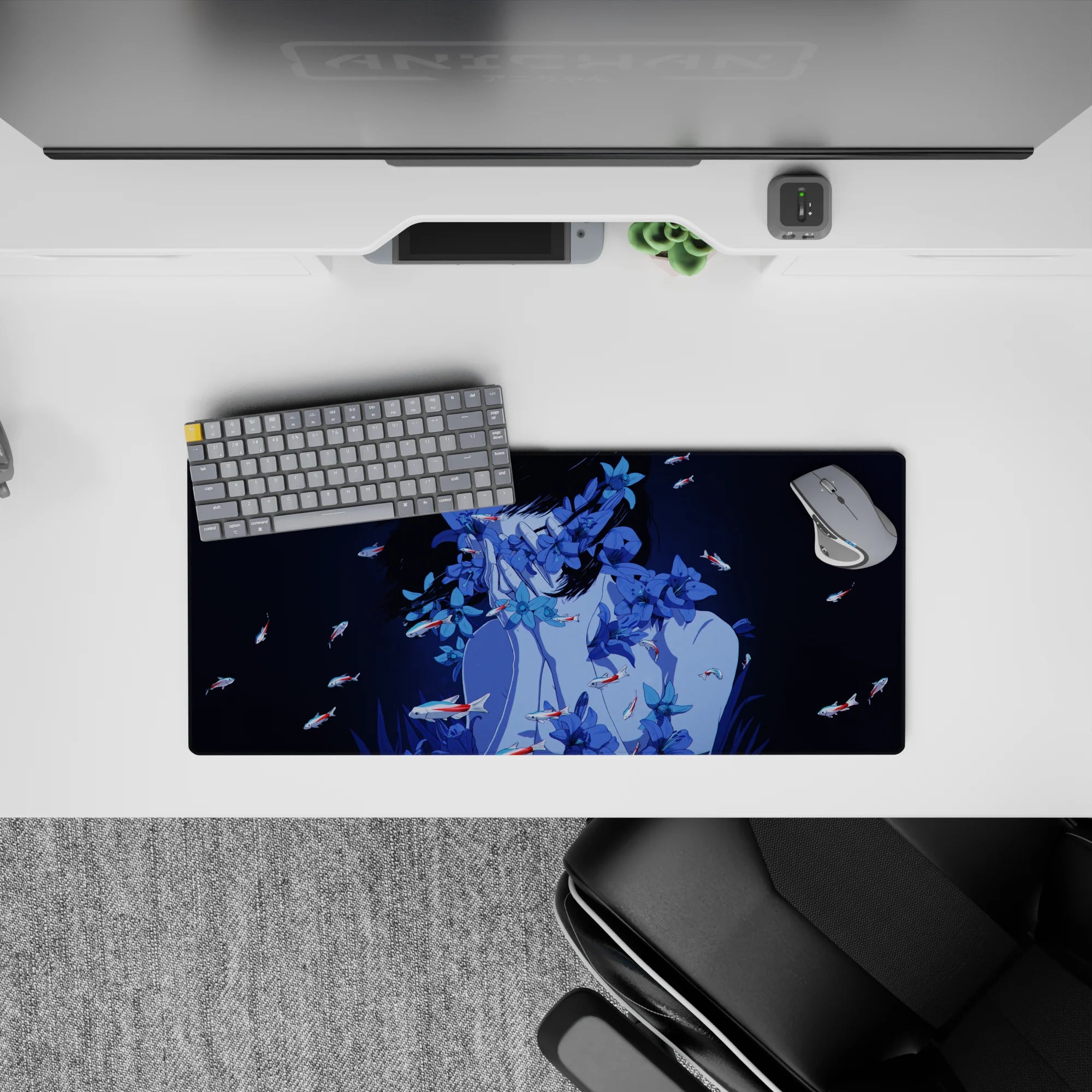28x12 inches desk mat in deep navy and cool blues, calm midnight mood with floral and koi details.