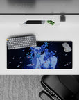 28x12 inches desk mat in deep navy and cool blues, calm midnight mood with floral and koi details.