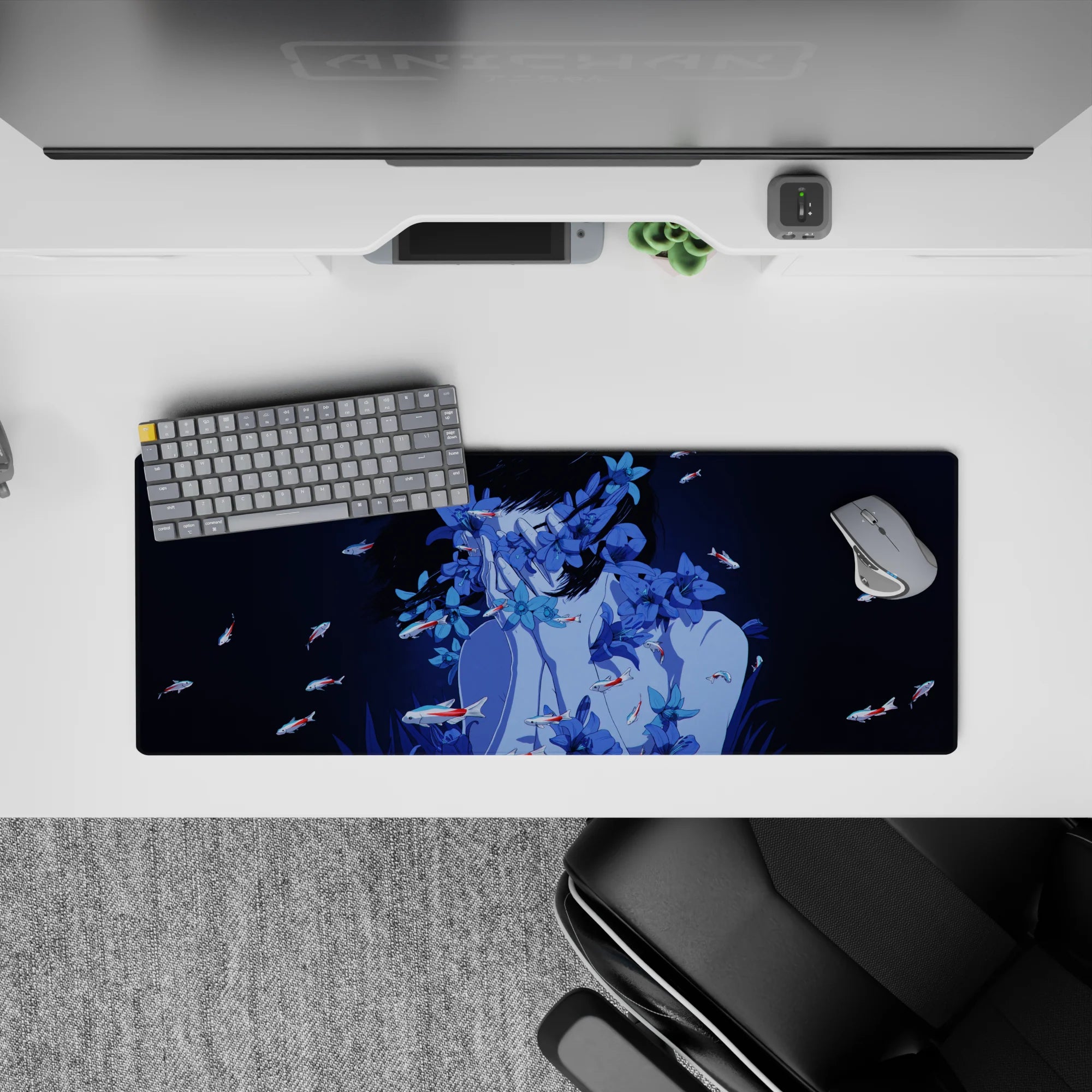 32x12 inches navy-toned anime mouse pad, calm midnight mood with cool blue florals and koi.