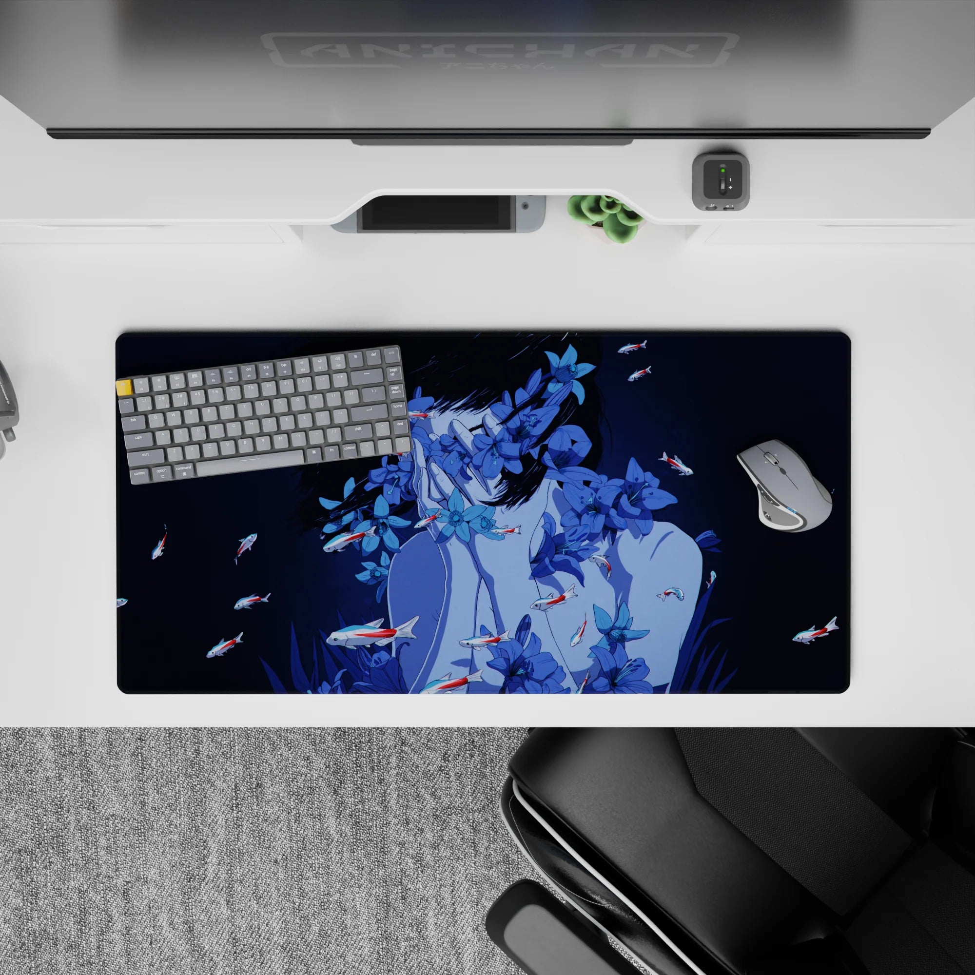 32x16 inches navy-and-blue floral anime desk mat, calm midnight mood with subtle koi accents.