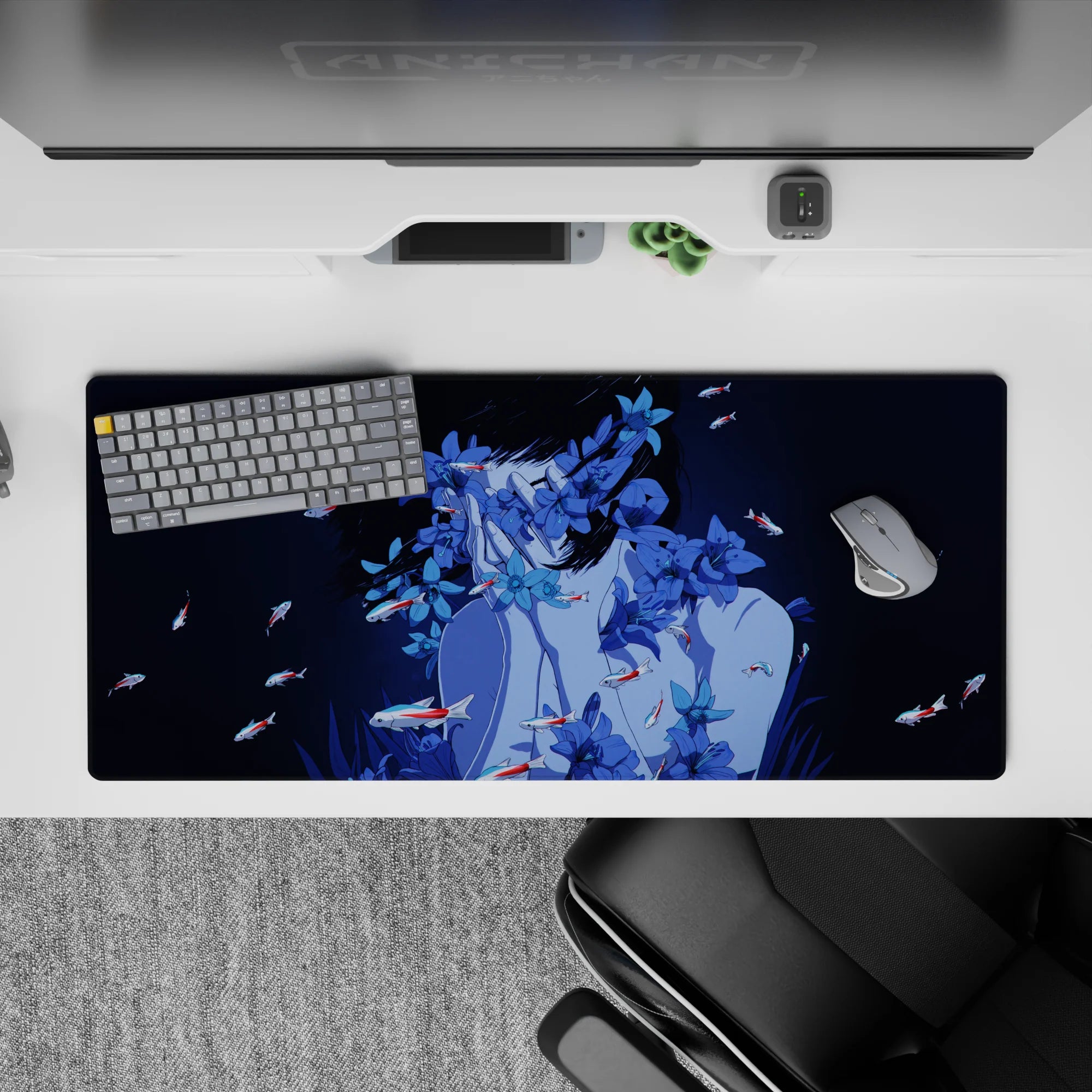Midnight navy anime girl desk pad 36x16 inches in cool blues, calm floral pattern, soft mysterious vibe.