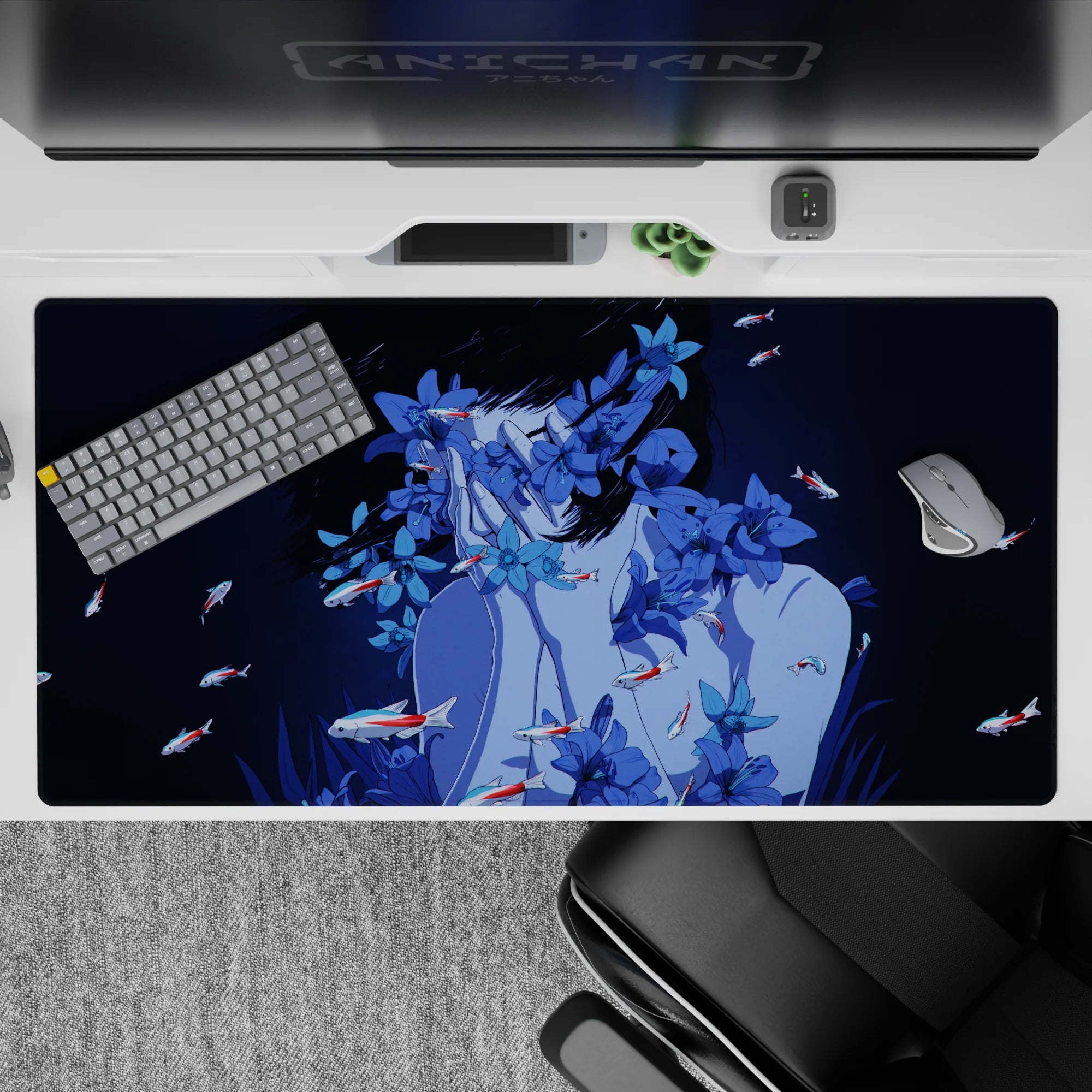 Calm midnight vibe desk pad 40x20 inches in deep navy and cool blues, perfect for gaming or study.