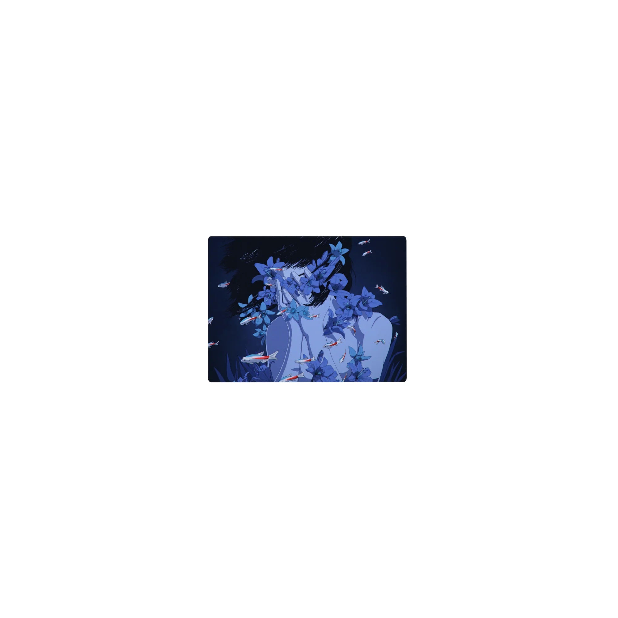 Classic anime girl mouse pad 14x10 inches with blue blossoms, koi accents, and crisp navy linework.