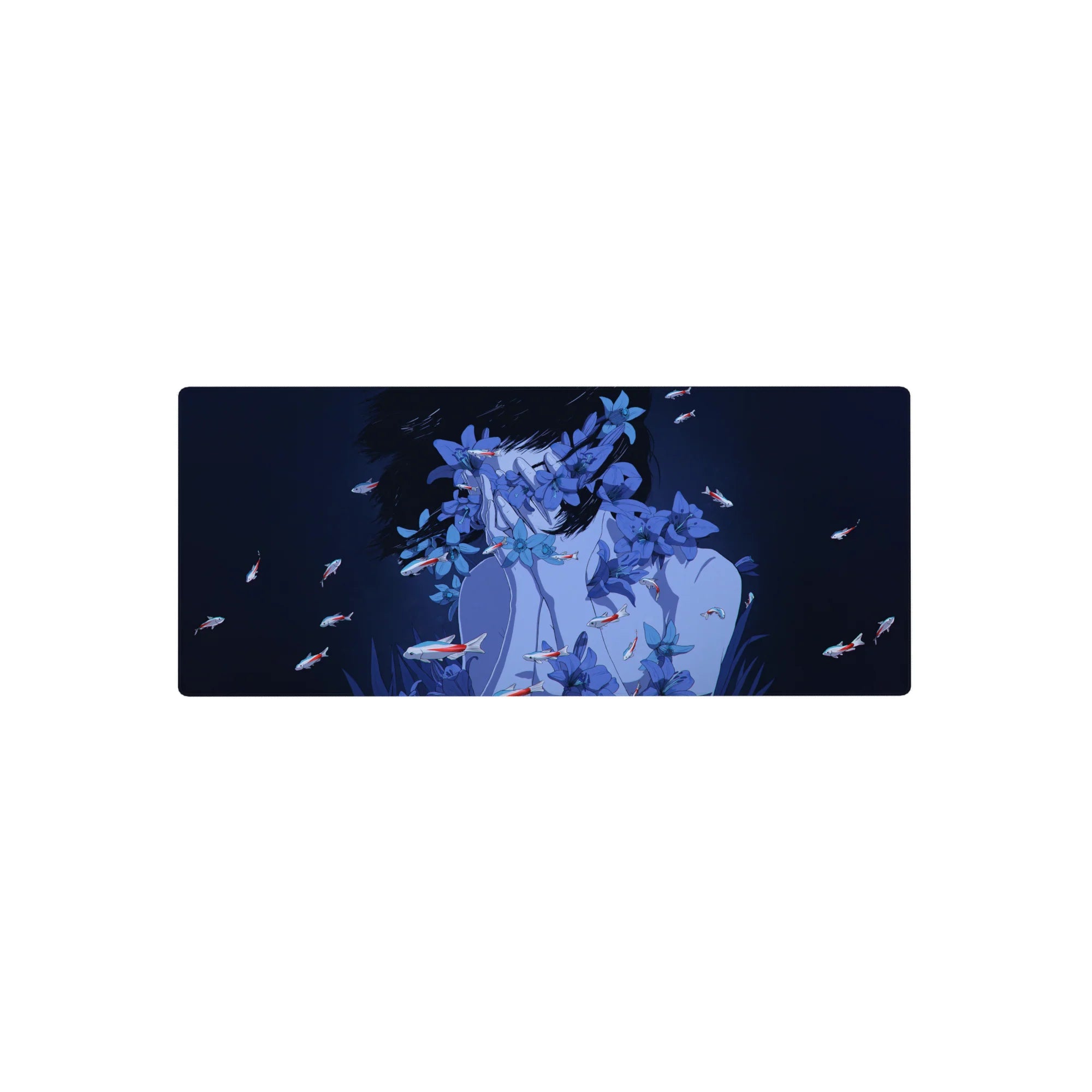 28x12 inches anime girl mouse pad with navy shadows, blue blossoms, and red-white koi accents.