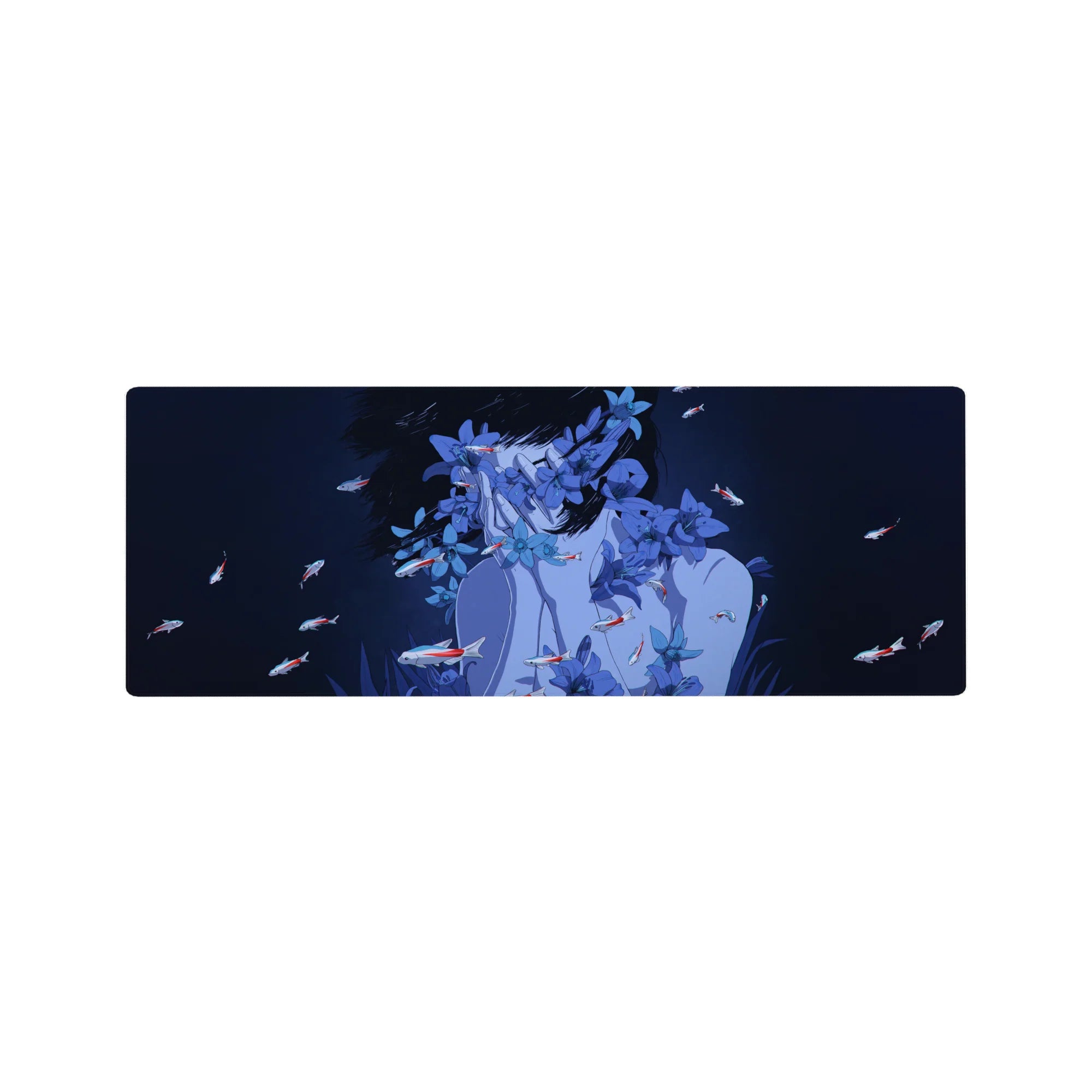 32x12 inches anime girl mouse pad with blue blossoms and tiny red-and-white koi, crisp linework.