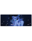 32x12 inches anime girl mouse pad with blue blossoms and tiny red-and-white koi, crisp linework.