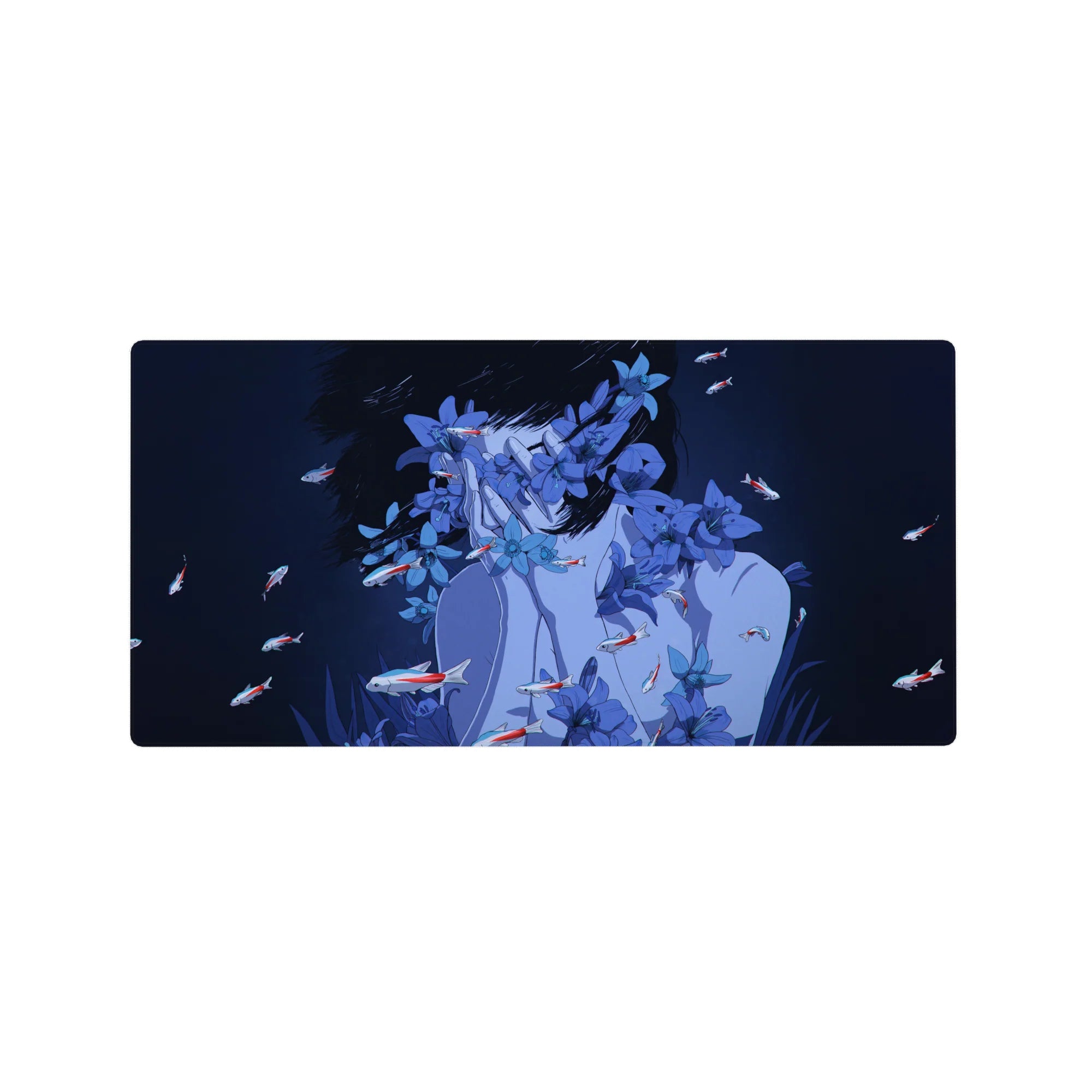 32x16 inches anime girl mouse pad with blue blossoms and red-and-white koi on deep navy.