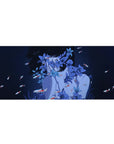 Anime girl desk pad 36x16 inches with blue blossoms, koi accents, and crisp navy anime line art.