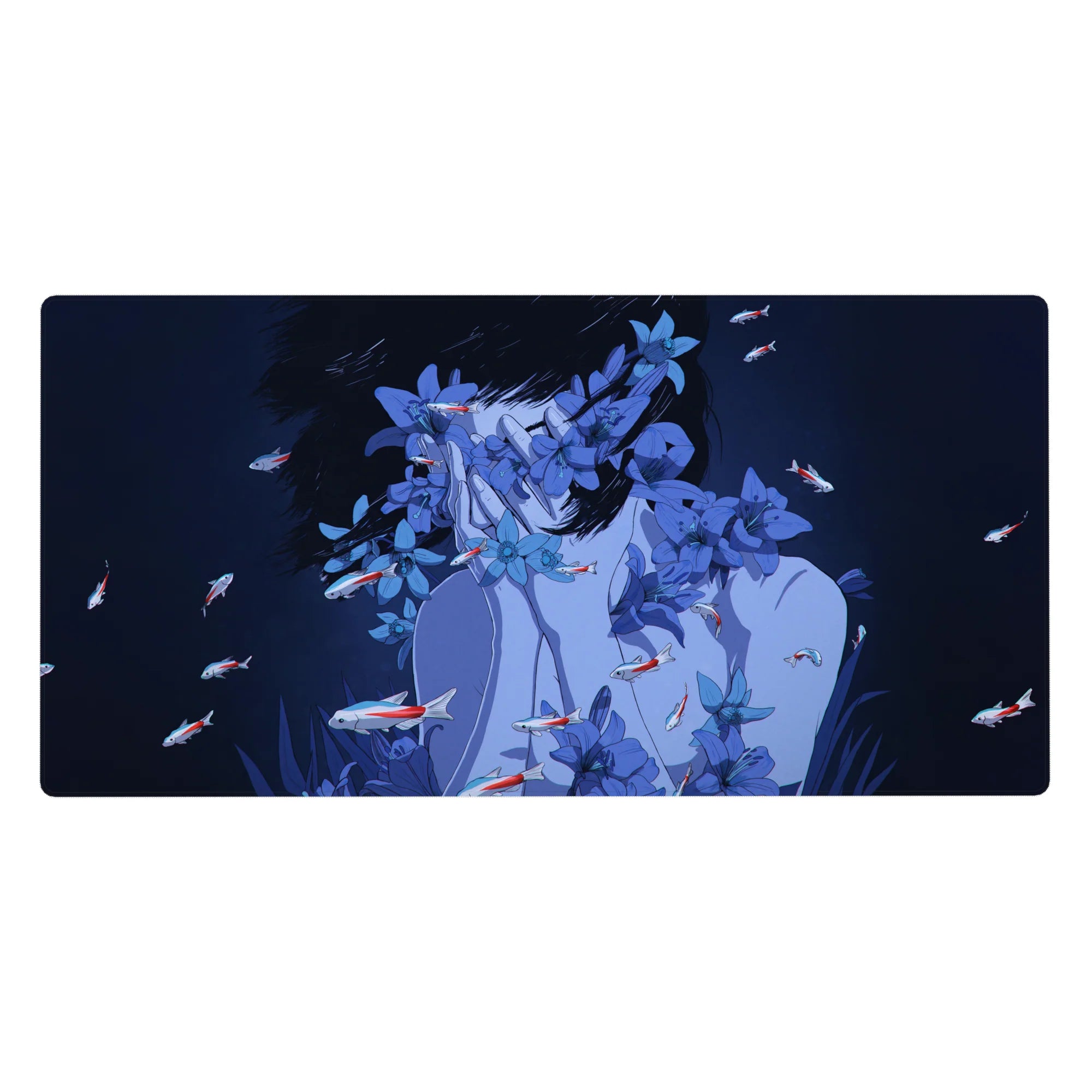 Anime girl desk pad 40x20 inches with navy shadows, blue blossoms, and red-white koi accents.